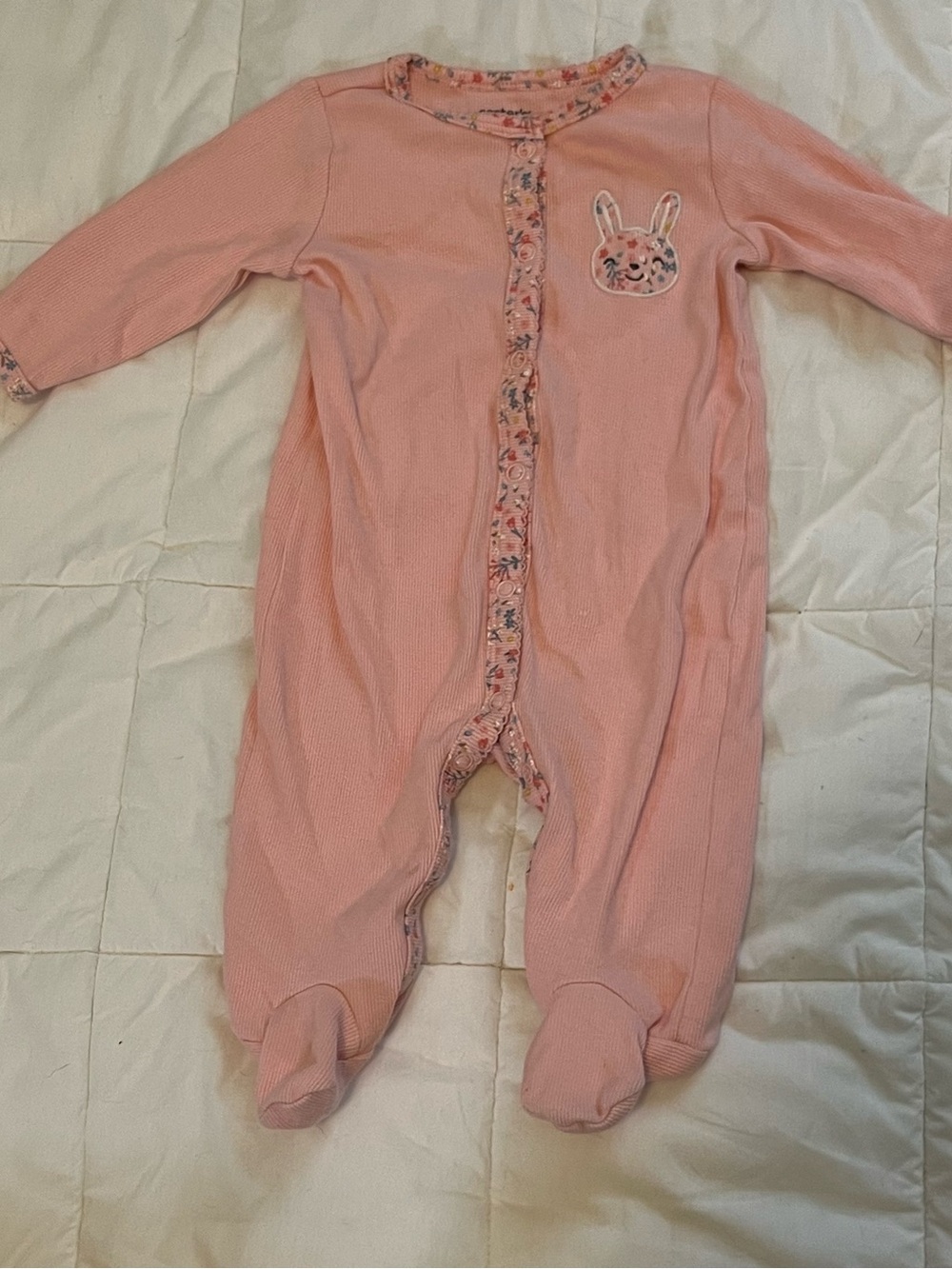 Carter's Pink Bunny Floral Trim Footed One-Piece